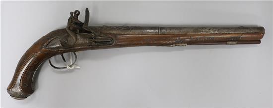 A Turkish engraved white metal-mounted flintlock pistol, 19th century, with faux inscription to lock 48cm.